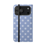 iPhone 17 Pro Max Vegan Leather Wallet Case – Light Blue Polka Dot Design