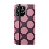 iPhone 16 Pro Max Vegan Leather Wallet Case – Pink Plum Polka Dot Design