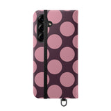 Samsung Galaxy S25 Plus Vegan Leather Wallet Case – Pink Plum Polka Dot Design