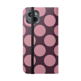 iPhone 14 Plus Vegan Leather Wallet Case – Pink Plum Polka Dot Design