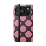 iPhone 17 Pro Vegan Leather Wallet Case – Pink Plum Polka Dot Design