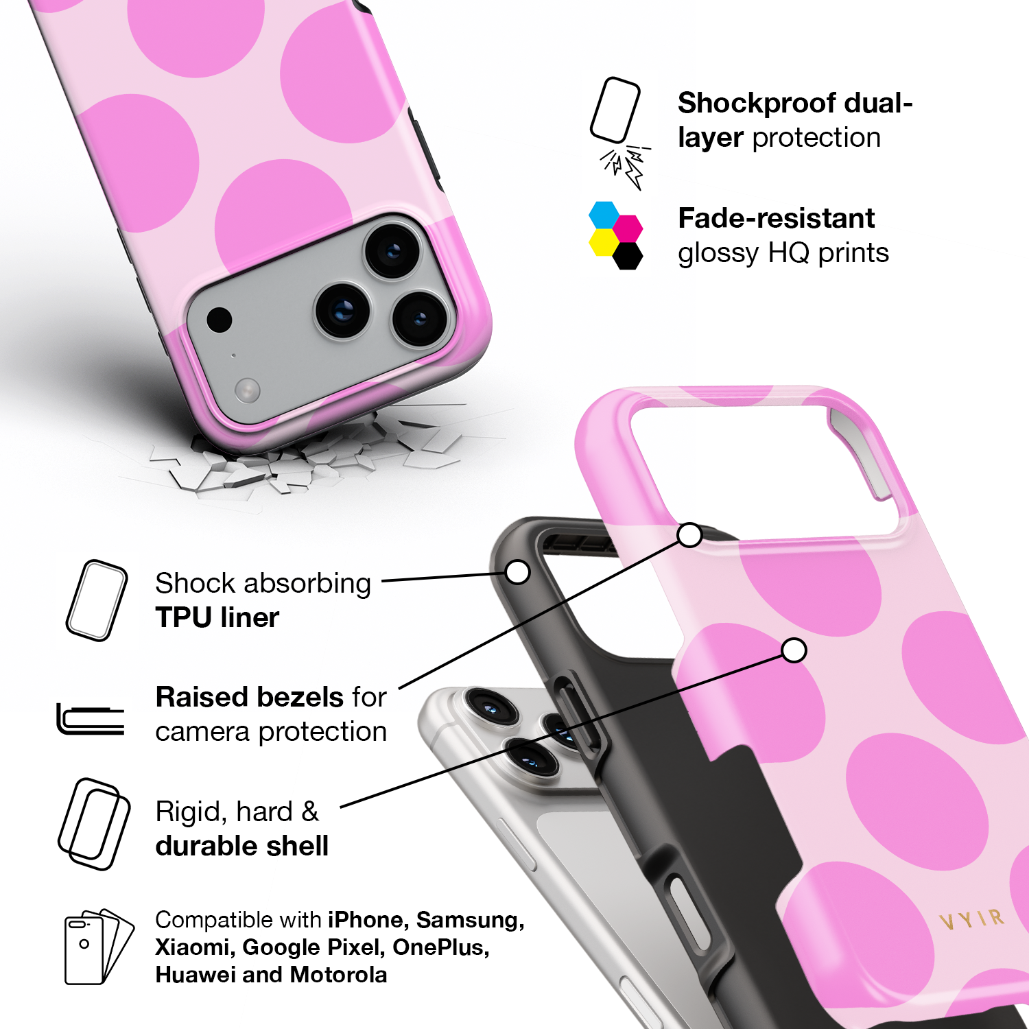 Large Polka Dots, Bubbly Pink - Shockproof Phone Case - VYIR