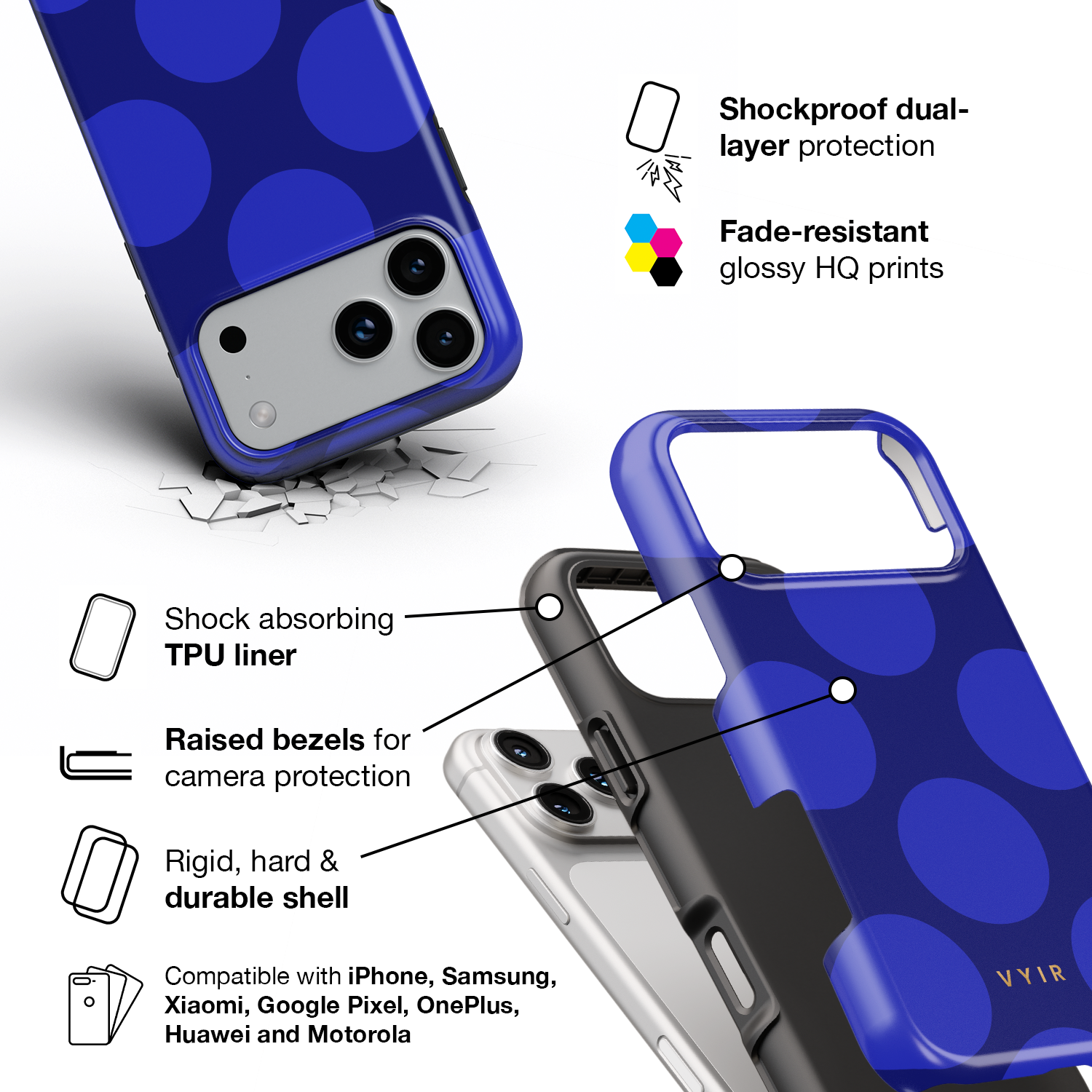 Large Polka Dots, Indigo Blue - Shockproof Phone Case - VYIR