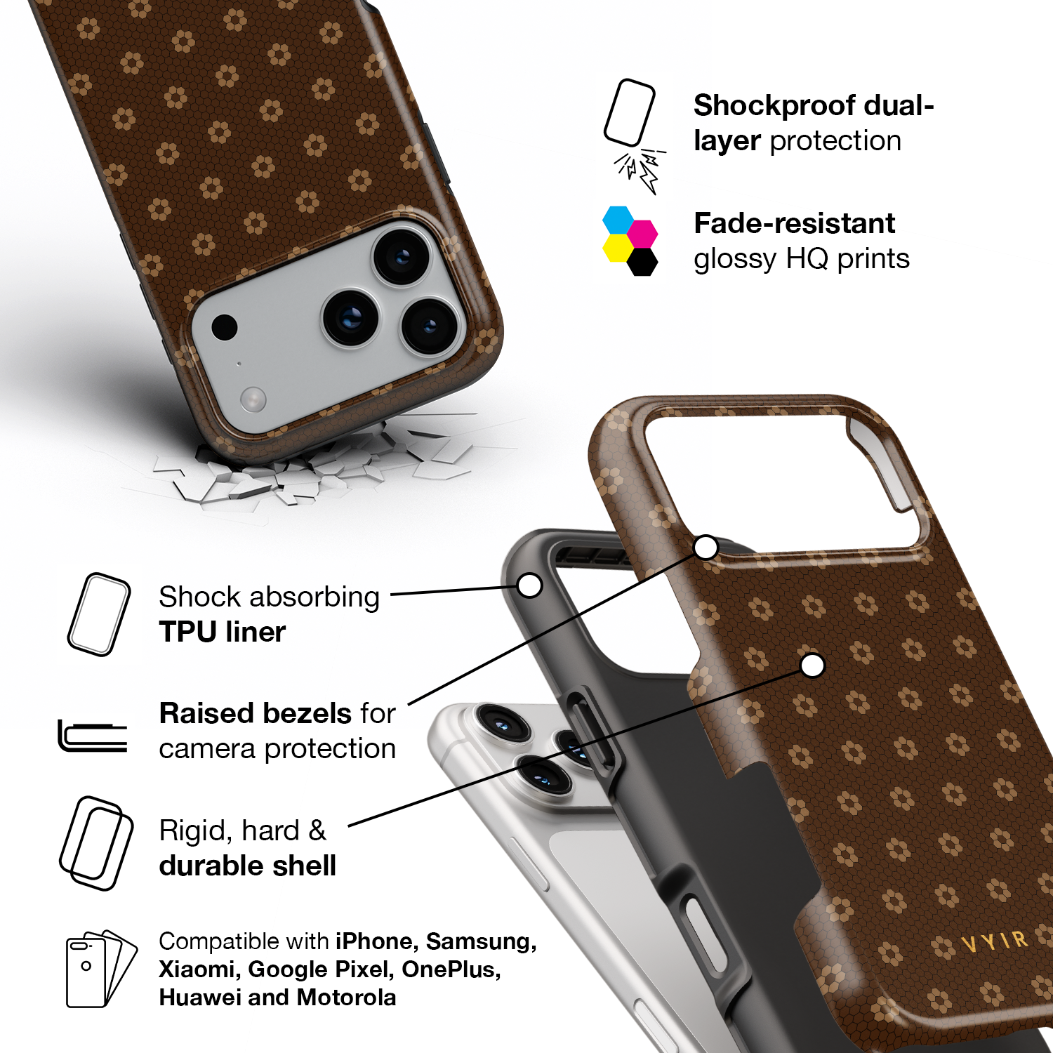 VYIR Signature Flowers, Chocolate Brown - Shockproof Phone Case - VYIR