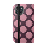 iPhone 15 Vegan Leather Wallet Case – Pink Plum Polka Dot Design