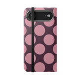 iPhone 17 Air Vegan Leather Wallet Case – Pink Plum Polka Dot Design
