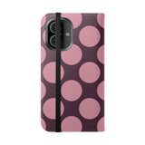 iPhone 16 Vegan Leather Wallet Case – Pink Plum Polka Dot Design